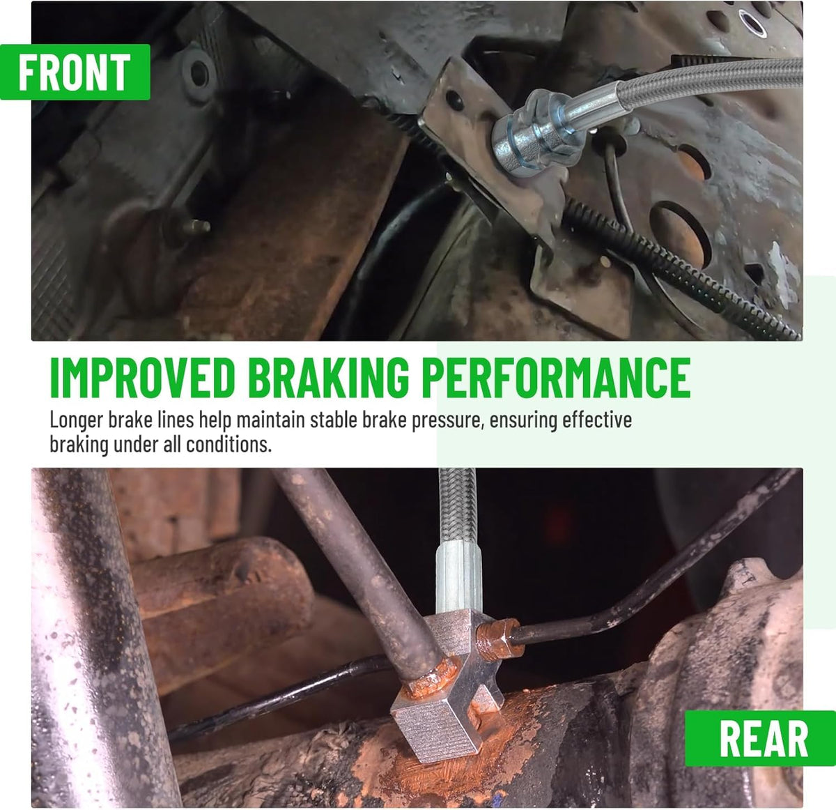 Racewill mounted rear brake line view demonstrating secure fit and reinforced protection