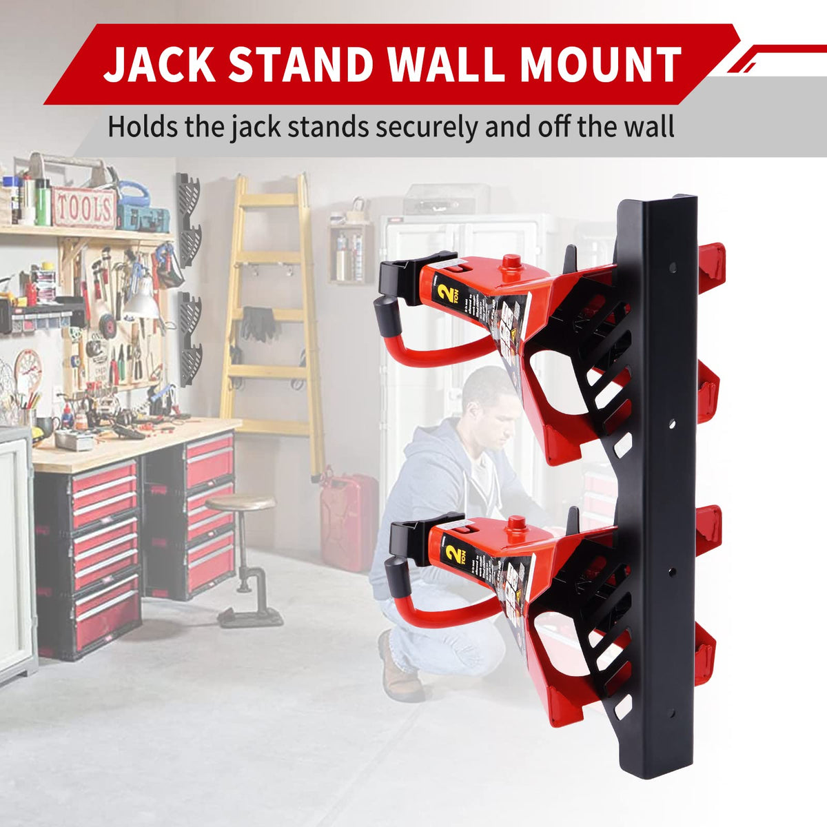 Racewill mounted with two jack stands demonstrating space-saving organization