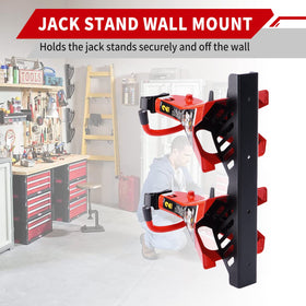 Racewill mounted with two jack stands demonstrating space-saving organization