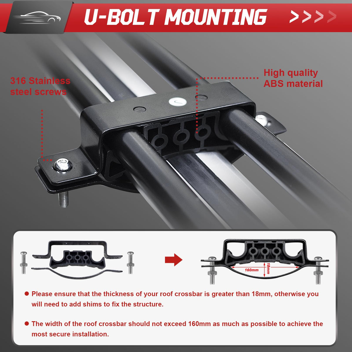 Racketon mounting hardware kit including U‑bolts for easy universal installation