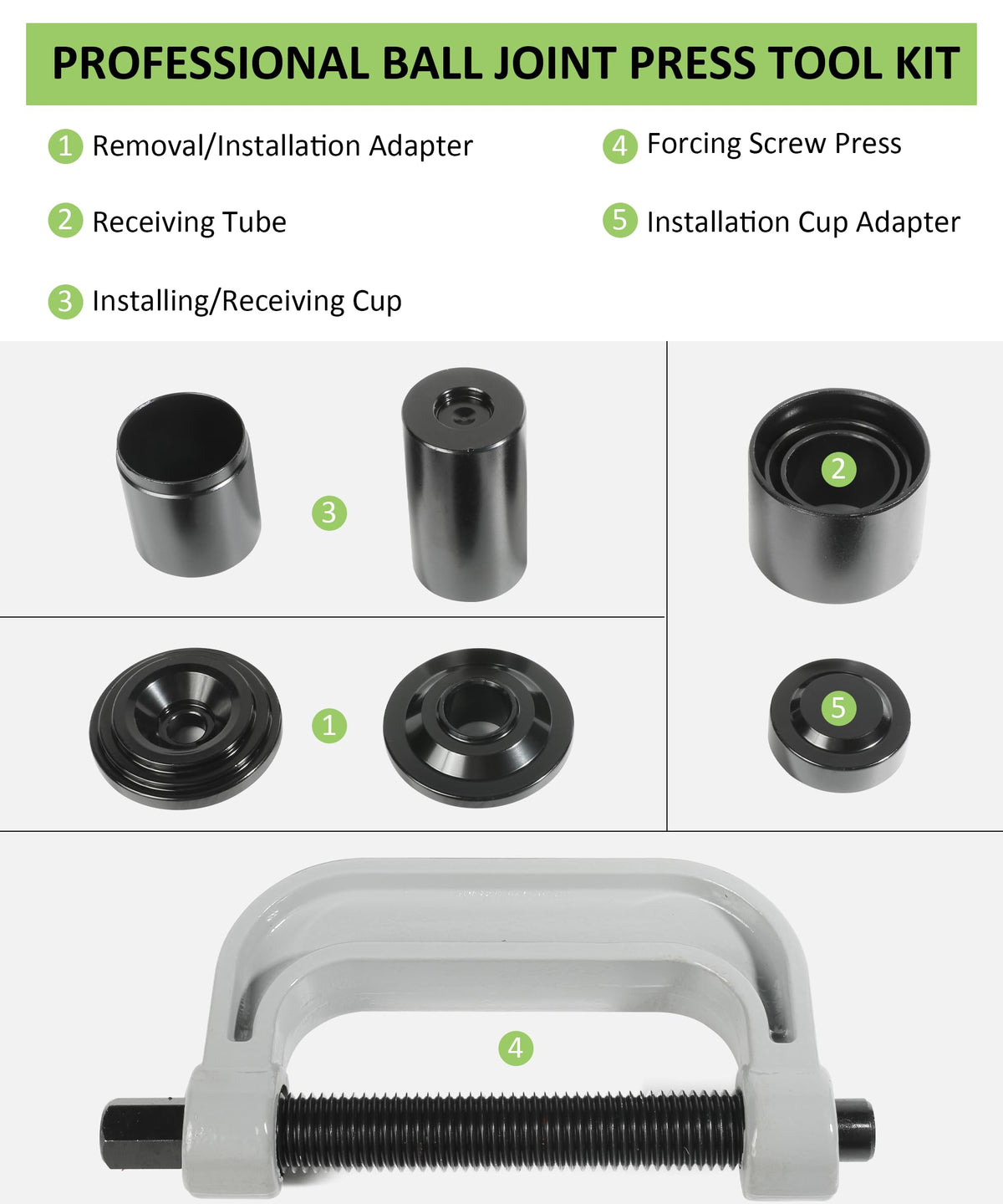 RACOONA press screw detail showing threaded C-frame screw for controlled force