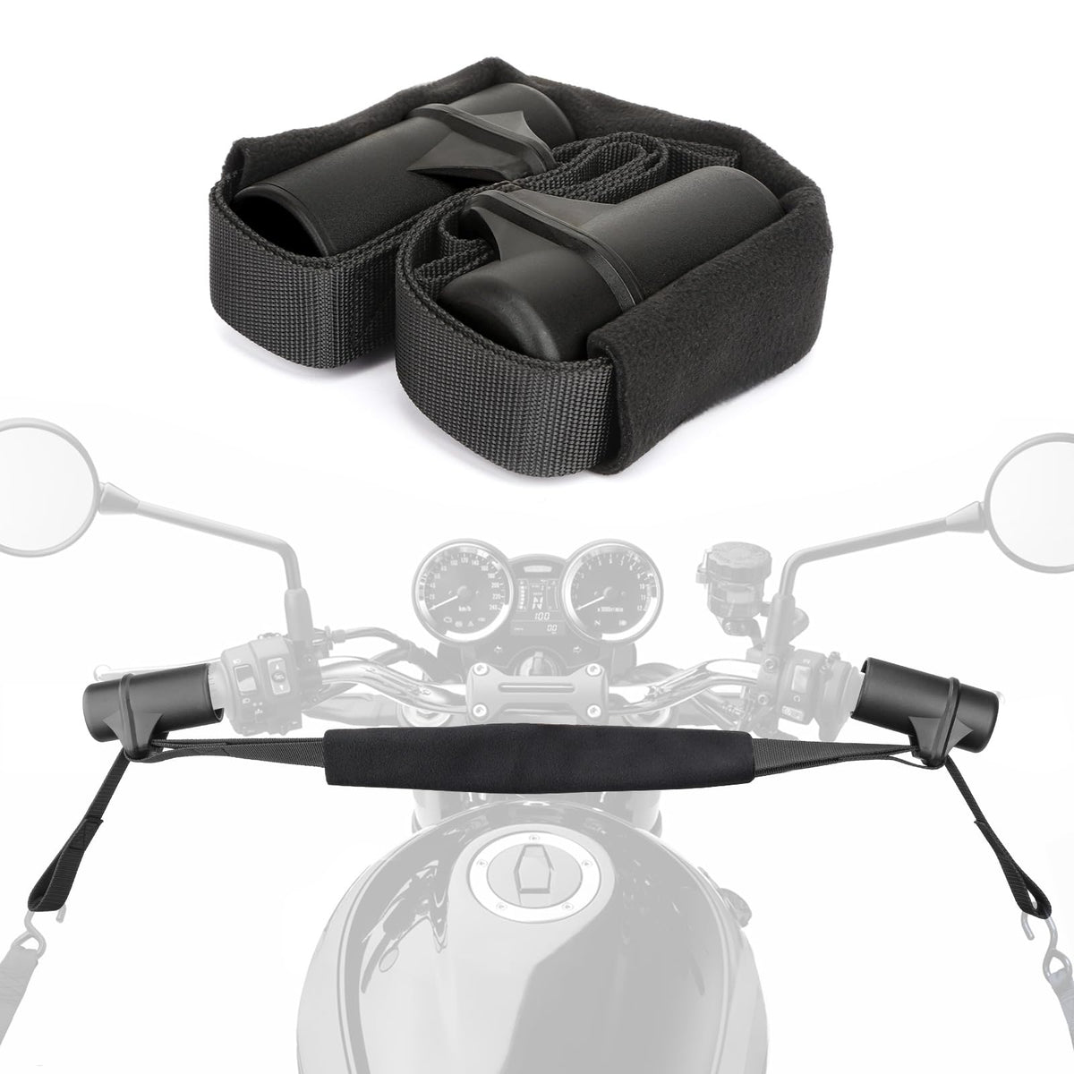 Racrank front packaging showing complete handlebar strap kit and contents for quick identification and benefit