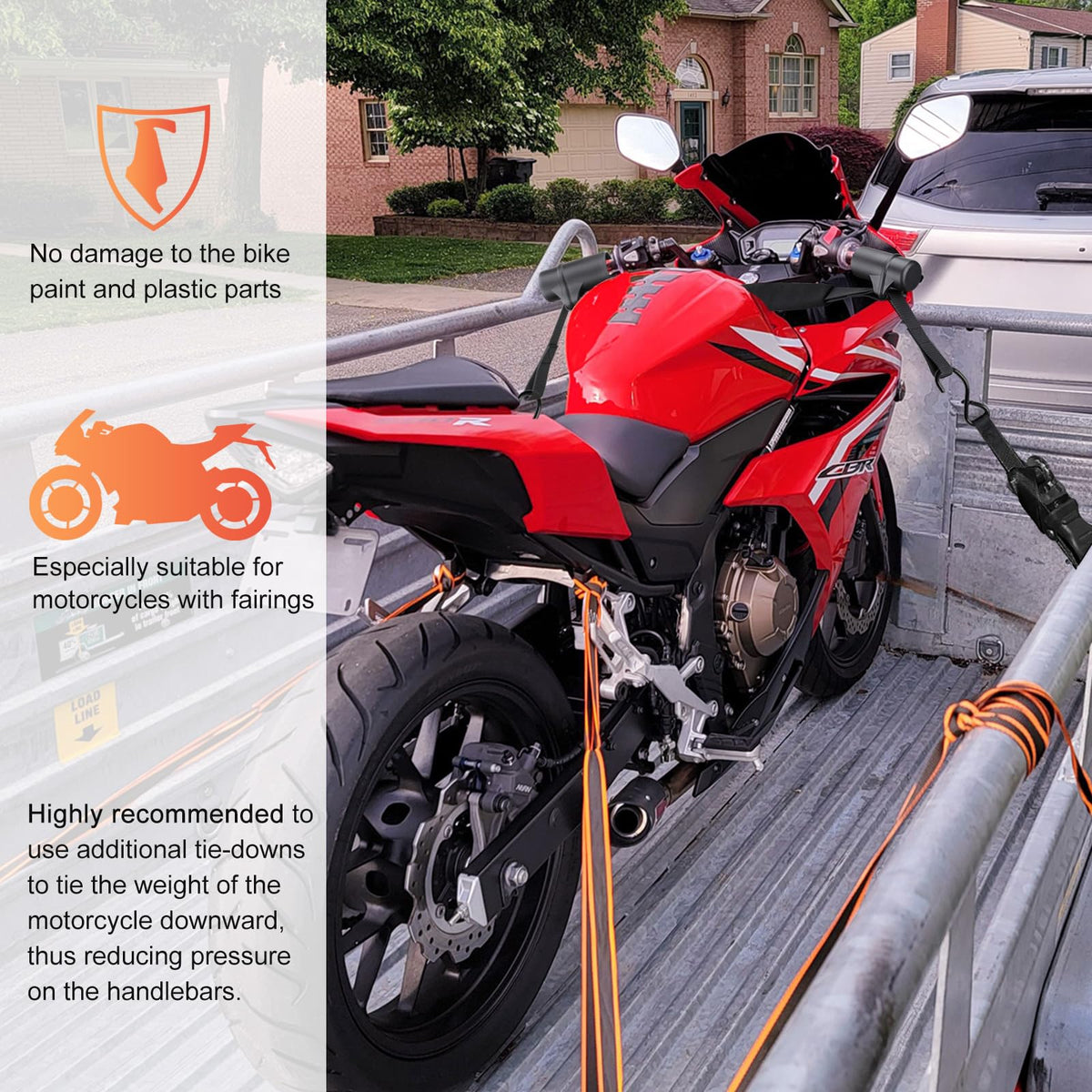 Racrank straps securing a motorcycle on a trailer, providing stable transport during travel