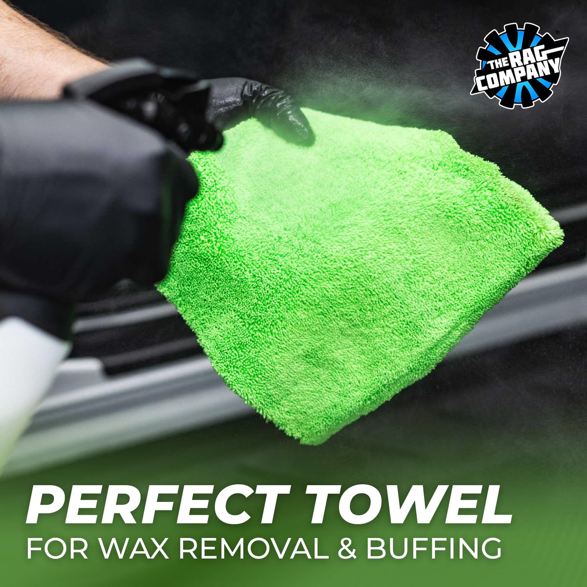Hand holding a 16x16 Rag Company towel showing size and easy control for detailing