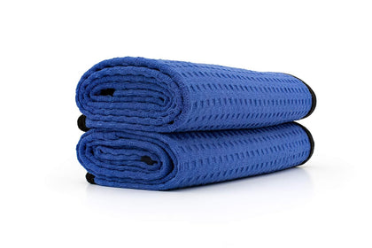 The Rag Company front pack showing two royal blue drying towels and branding benefit