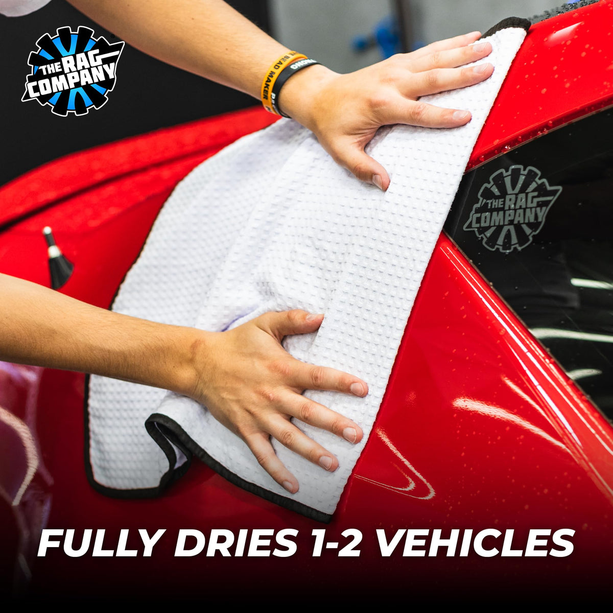The Rag Company towel drying a car roof quickly with streak-free finish
