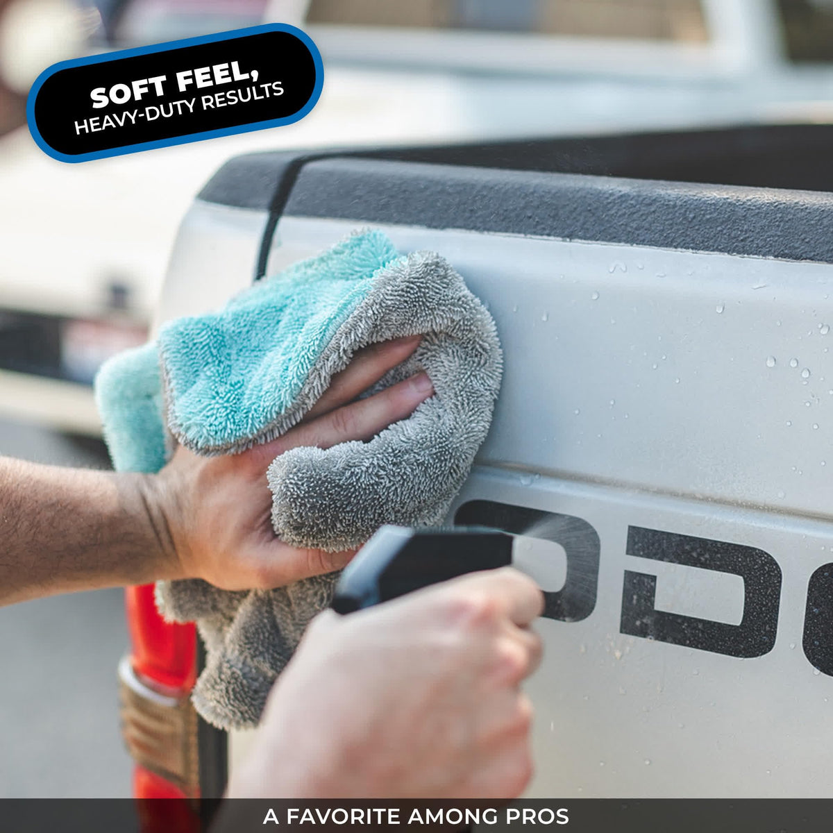 The Rag Company towel drying a car panel, demonstrates scratch-free water removal