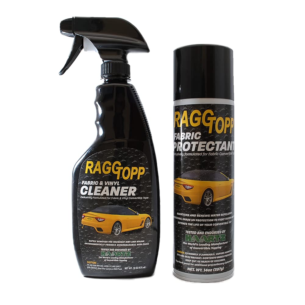 Raggtopp application closeup spraying protectant on fabric top for protection