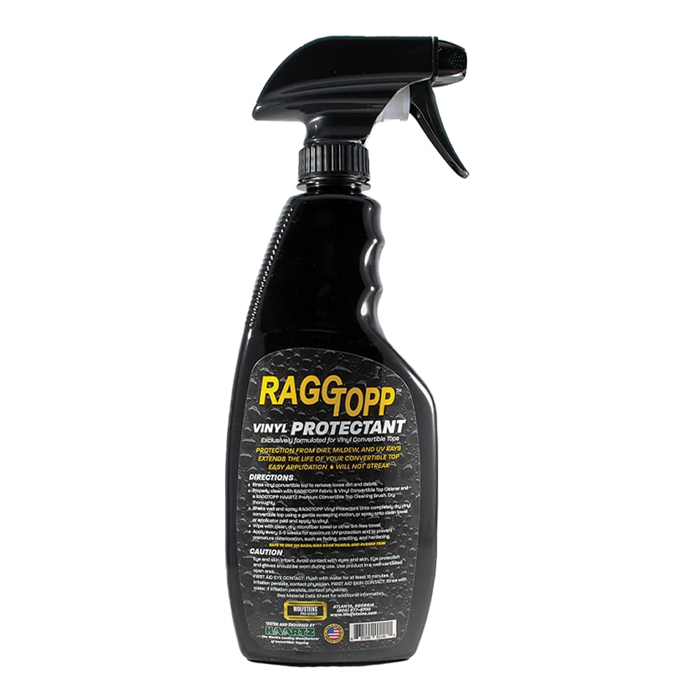 Close-up of Raggtopp vinyl protectant being sprayed and wiped, restoring vinyl finish