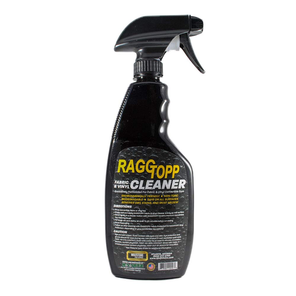 RAGGTOPP cleaner applied to convertible top while detailing, demonstrating gentle effective cleaning