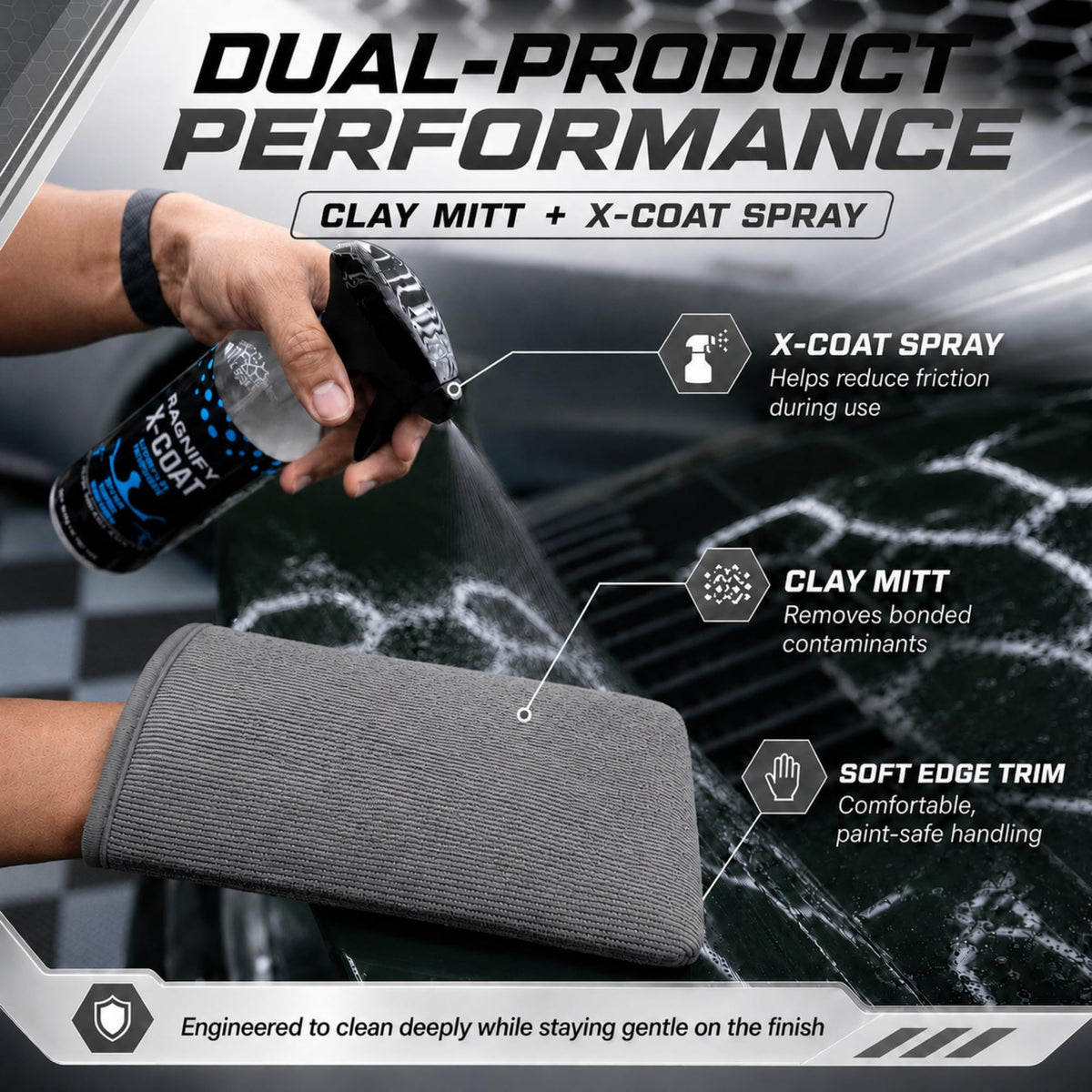 ragnify rinsed mitt under water showing easy cleaning and reuse