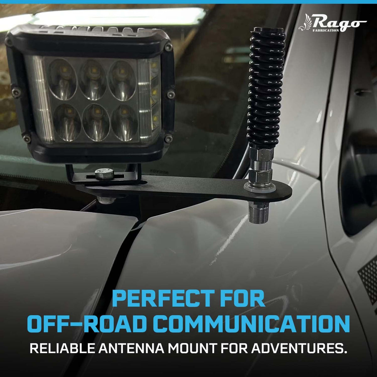 Rago Fabrication bracket mounted with antenna showing stability benefit on trails