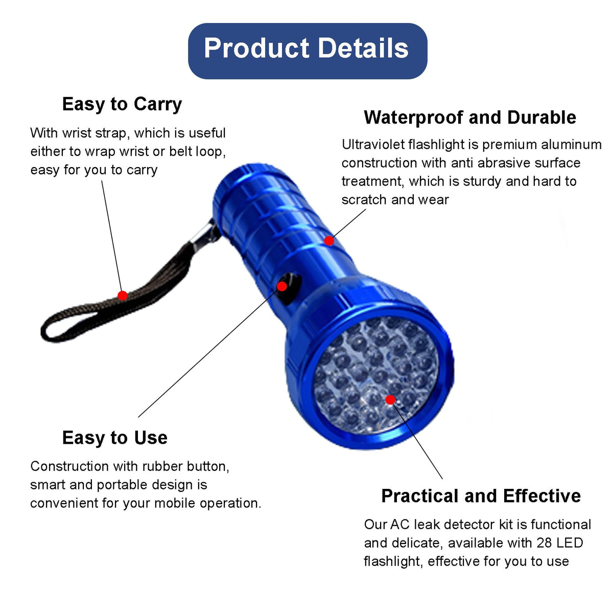 Ragyzity UV flashlight closeup highlighting 28 LEDs for wider detection coverage