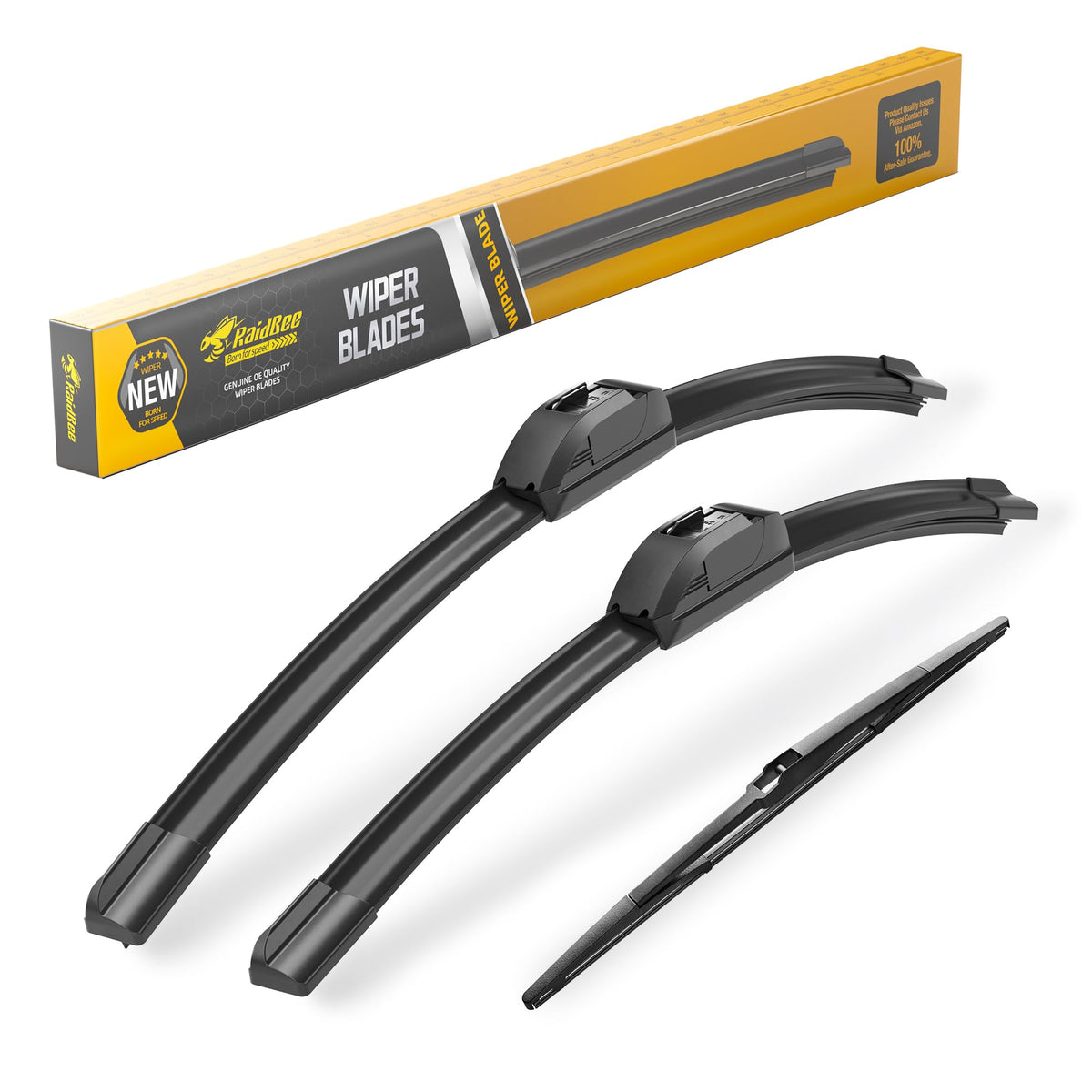 RaidBee front packaging showing 3-pack wiper blades and OEM fit benefits