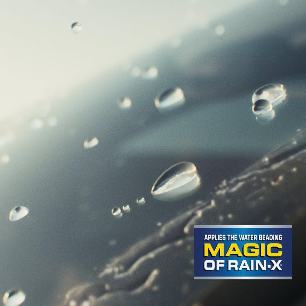 Rain‑X water beading on glass after repellency application for improved sightlines