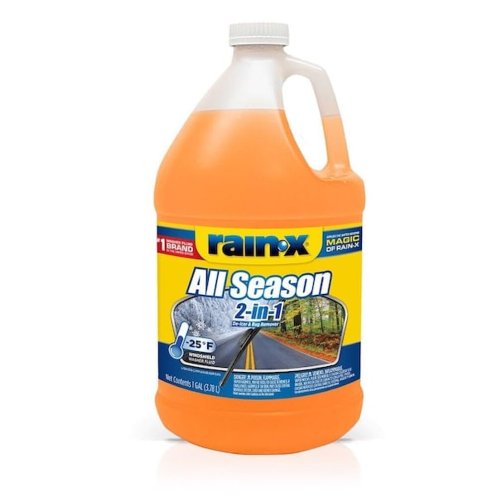 Rain-X one-gallon jug front view showing orange de-icer and bug remover label for easy refill