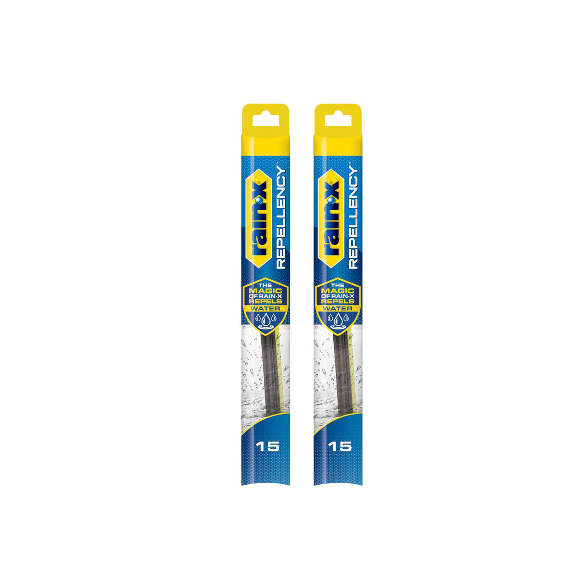 Rain-X front packaging showing 15-inch blades and pack benefits for visibility