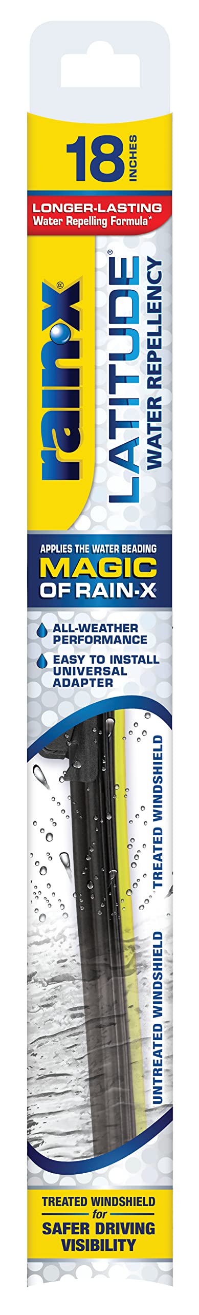 Rain-X front packaging showing 18 inch blade and features benefit clearer visibility