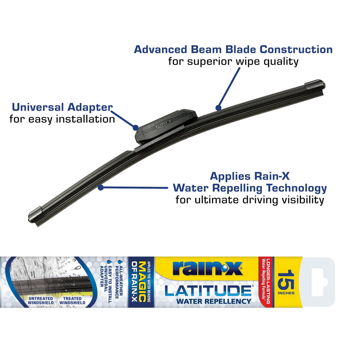 Rain-X wiper blade on car in rain showing safer driving sightlines