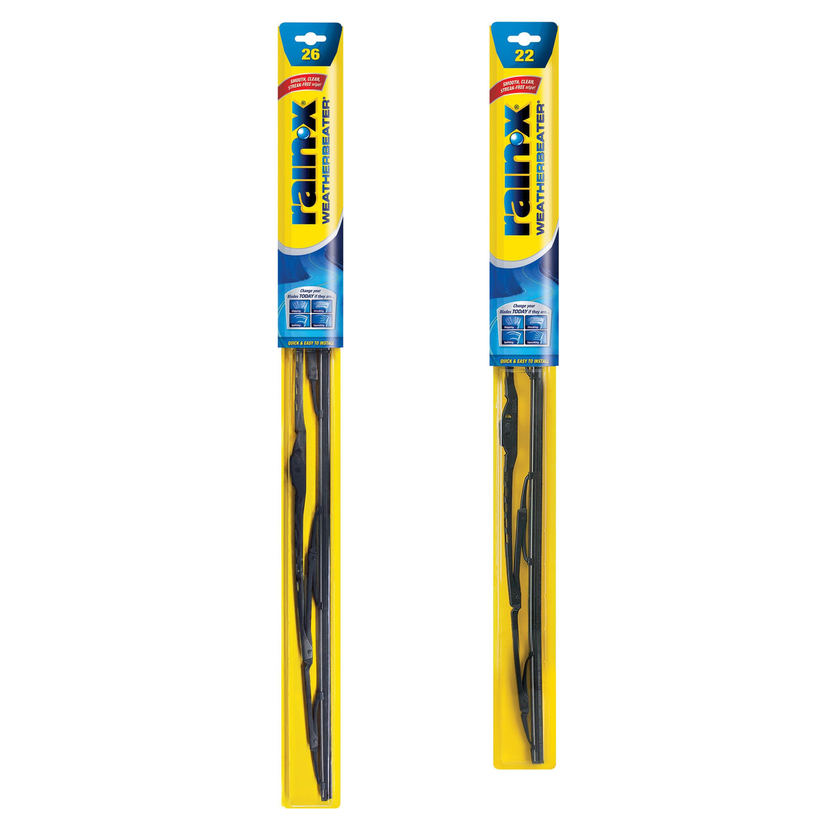 Rain-X front packaging showing 26" and 22" blades and clear branding benefit quick identification