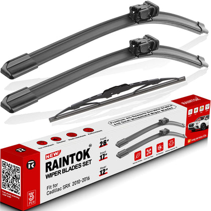 Raintok packaging showing three replacement wiper blades and fitment for SRX - easy purchase