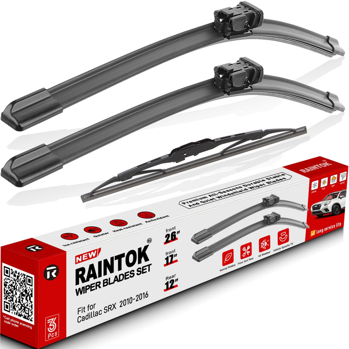 Raintok packaging showing three replacement wiper blades and fitment for SRX - easy purchase