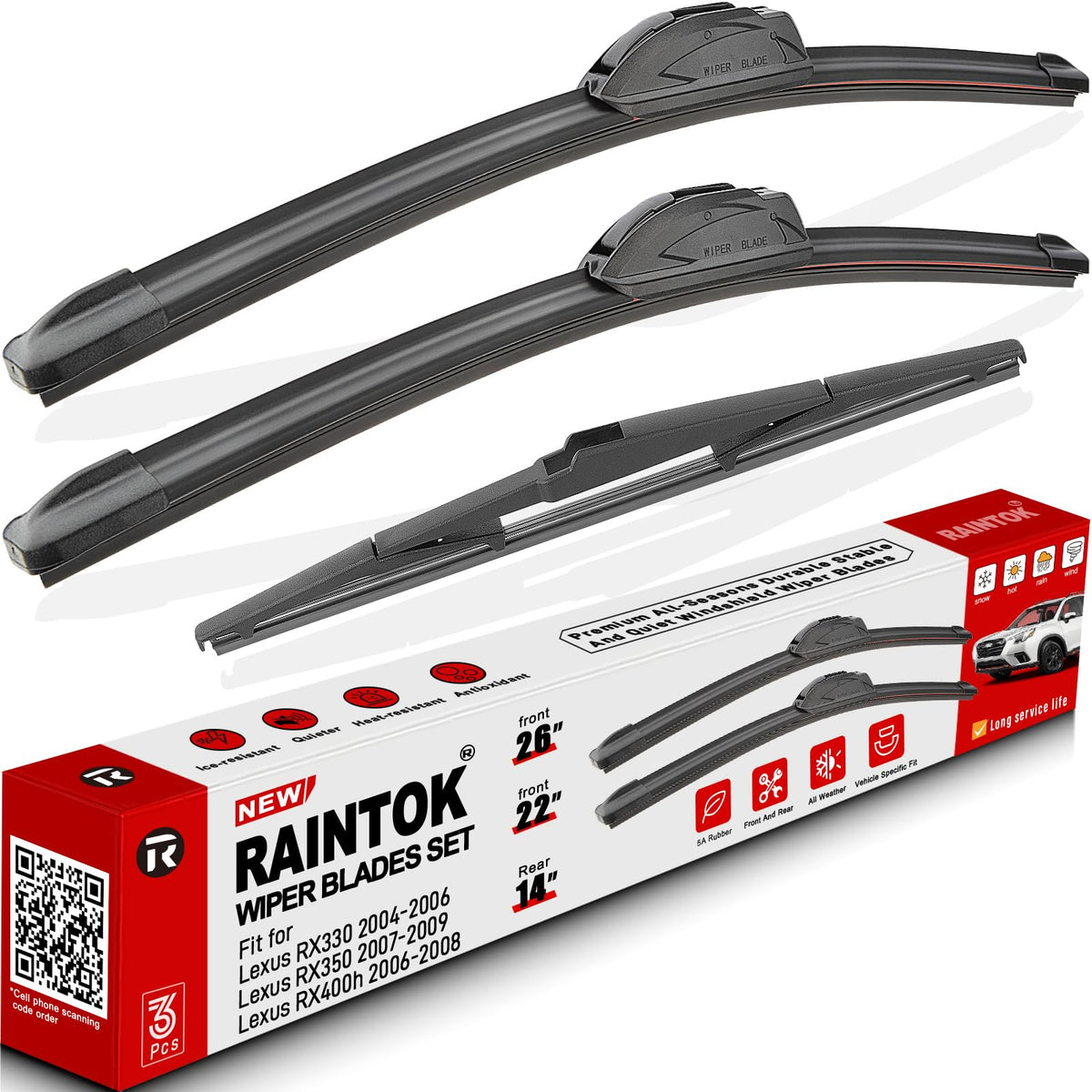 Raintok front packaging 3-pack showing included blade sizes and benefit of complete set