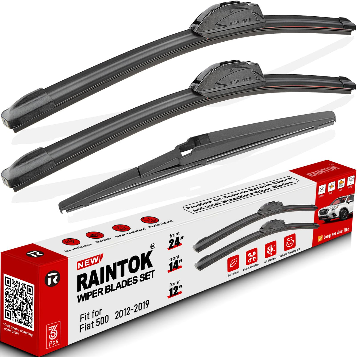 Raintok front packaging showing complete 3-piece Fiat 500 replacement kit benefit clear fit