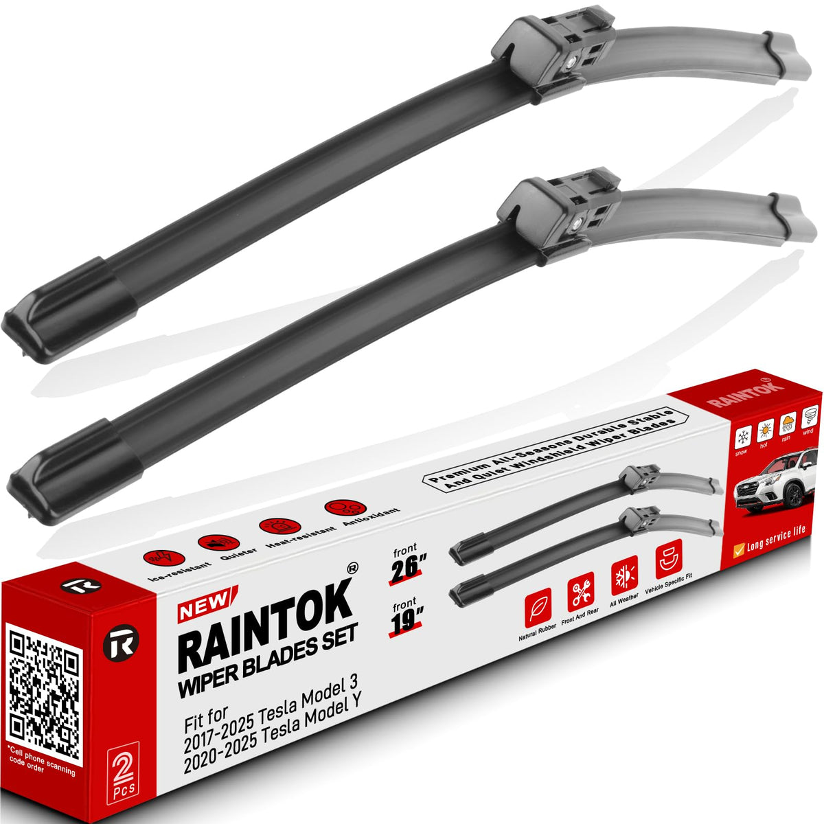 Raintok front packaging showing clear Tesla fitment and quick selection benefit