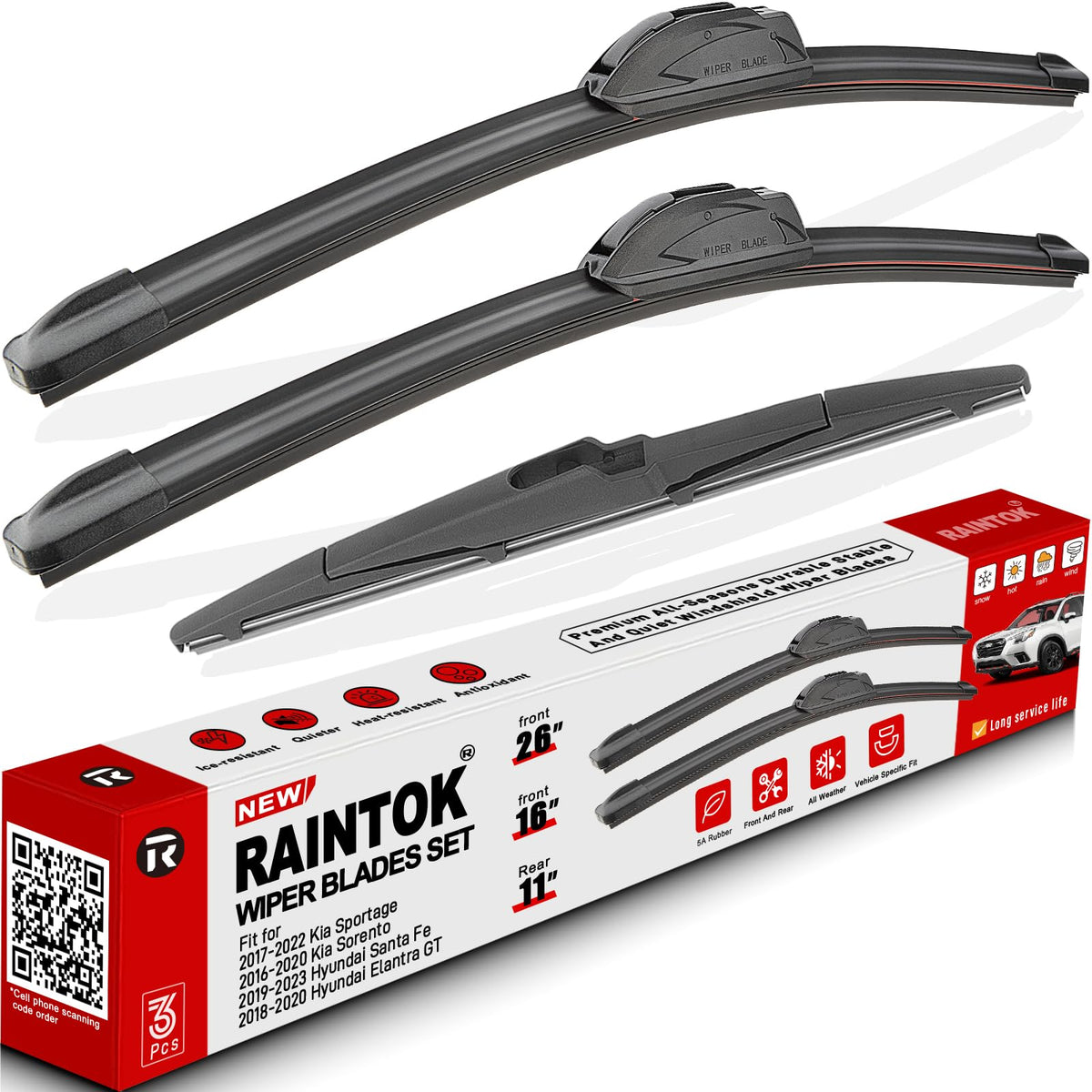 RAINTOK front packaging showing complete wiper set and sizes for quick identification