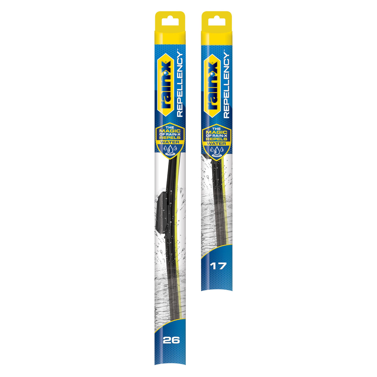 Rain‑X front packaging showing 26" and 17" blades and key features for easy selection