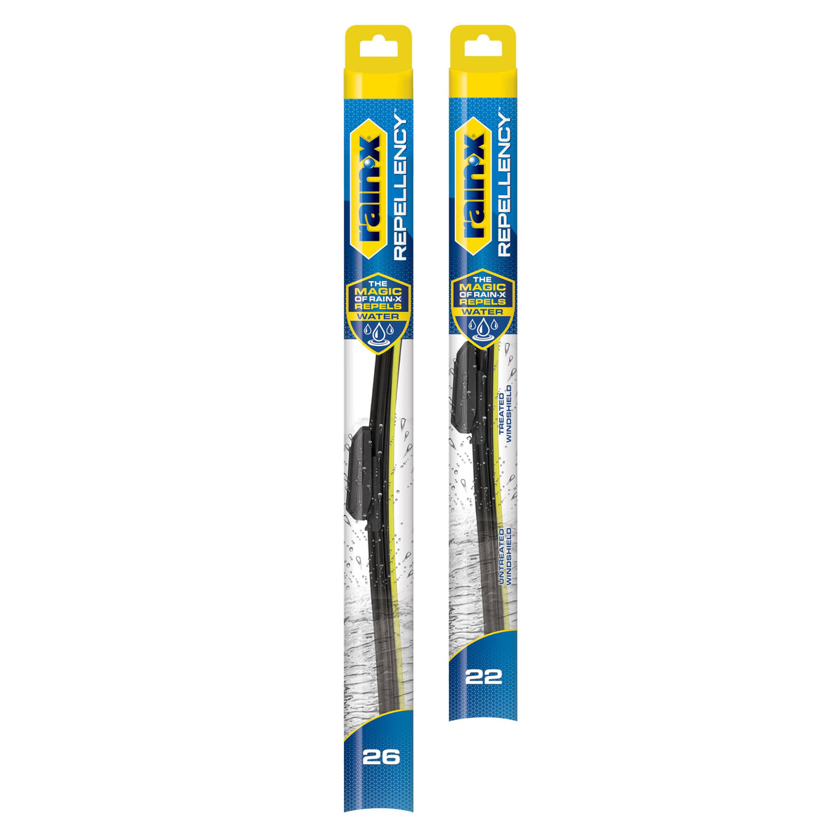 Rain-X front packaging showing 26" and 22" blades and benefits