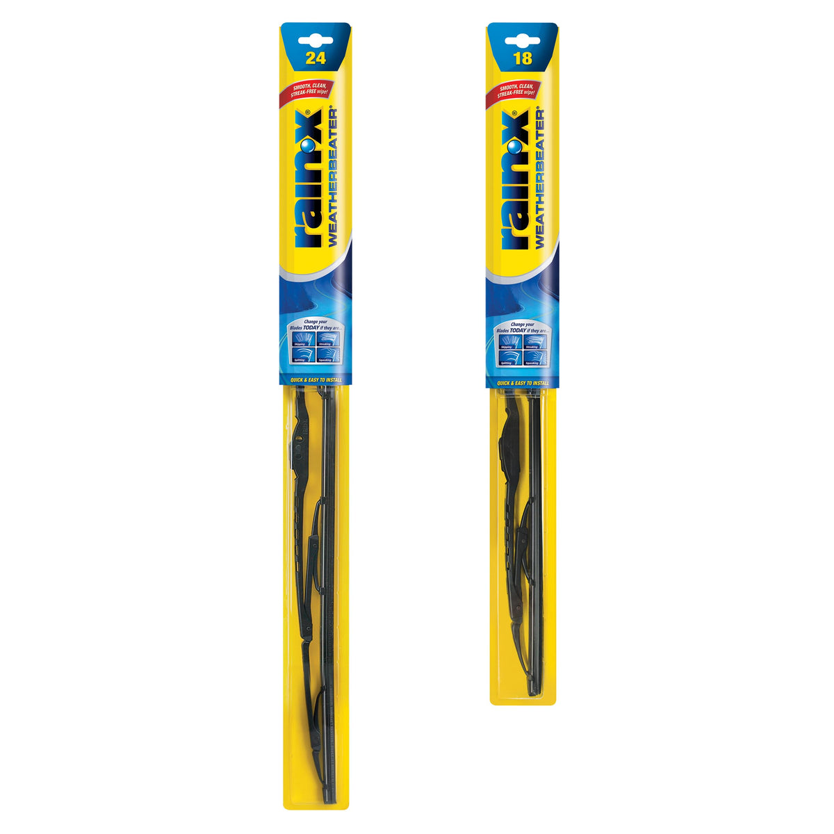 Rain-X WeatherBeater front packaging showing included 24" and 18" blades and clear benefits