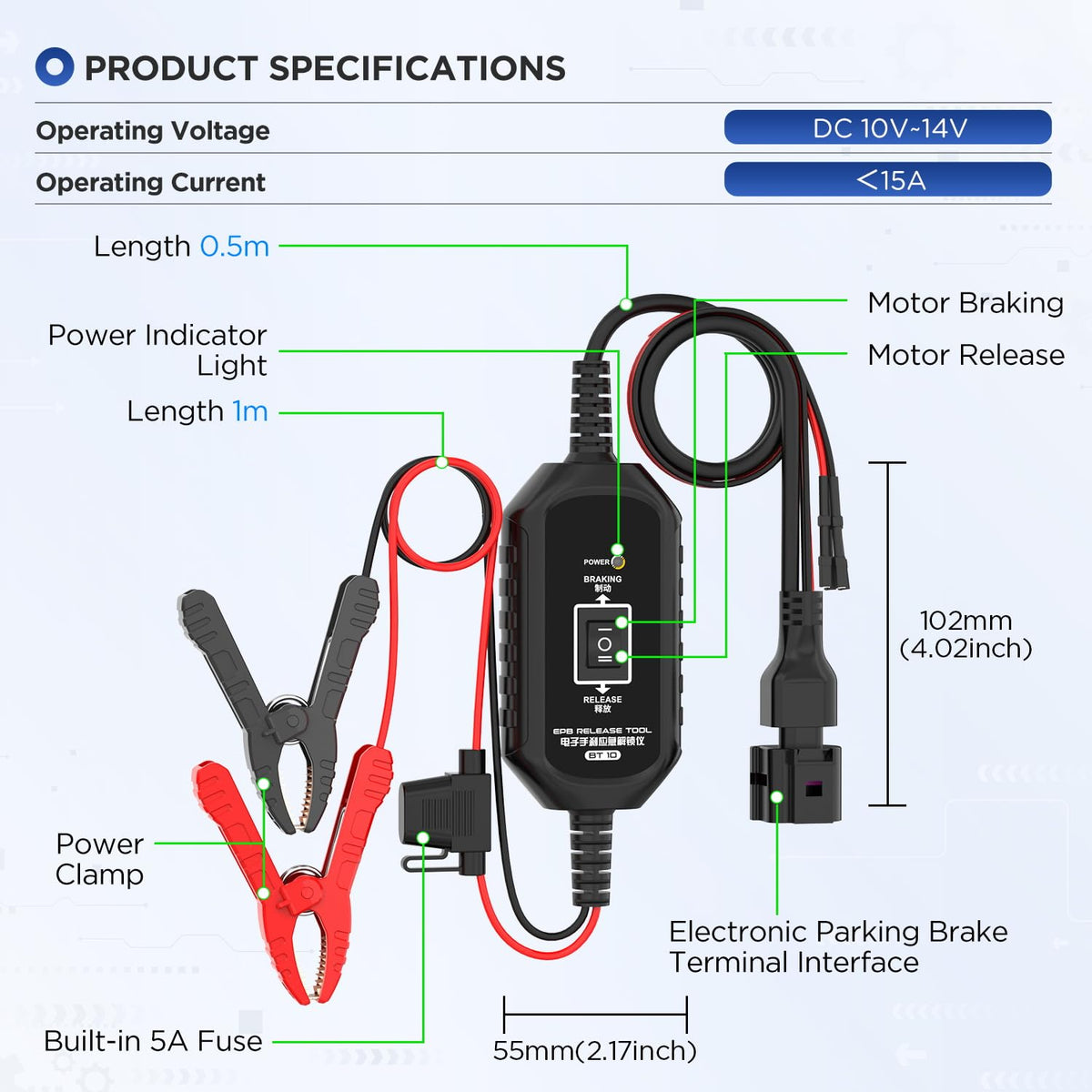 RALBIL BT10 illuminated power indicator confirming correct connection and safety