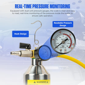 RALBIL portable hook holding the bottle in an engine bay for hands-free flushing convenience