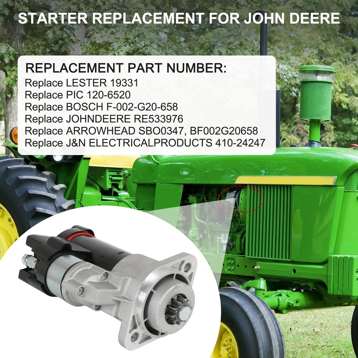RALZAOTO starter back label close-up confirming replacement part numbers