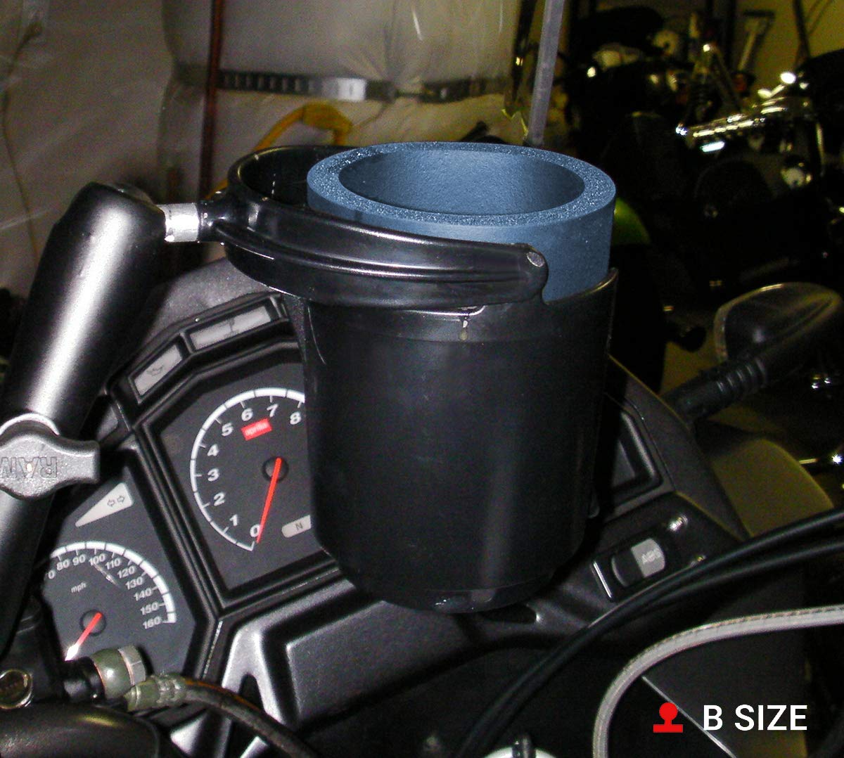 RAM MOUNTS level cup mounted on motorcycle demonstrating secure, spill-reducing hold