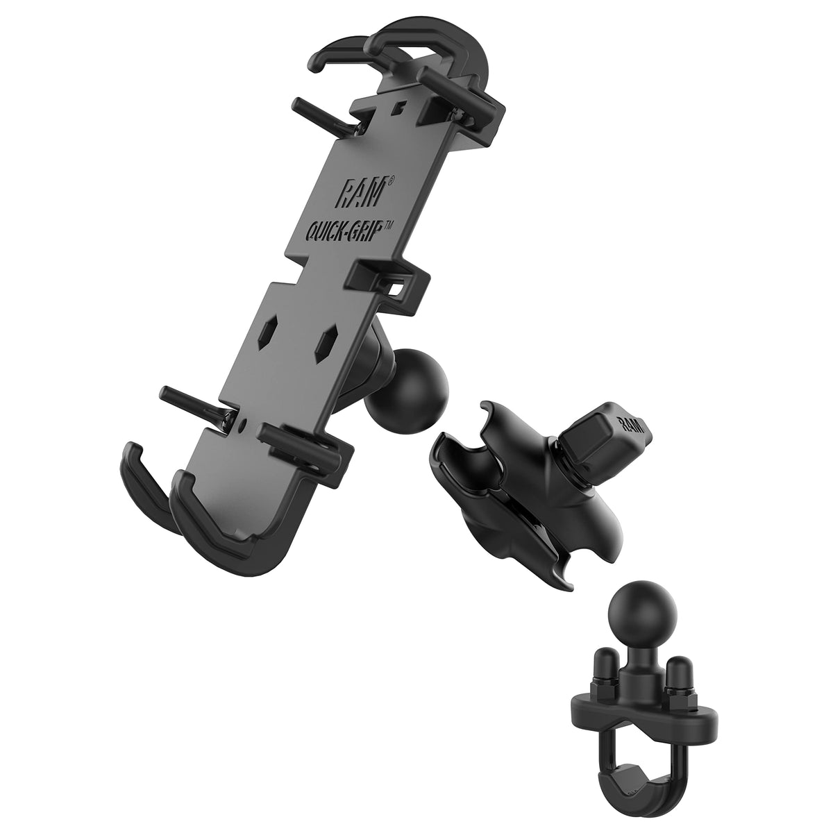 RAM MOUNTS mounted Quick-Grip XL on handlebar demonstrating stable attachment while riding