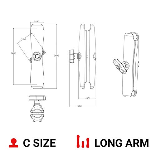 RAM MOUNTS arm next to a ruler showing 9.125-inch length for accurate scale and installation planning