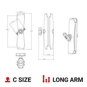 RAM MOUNTS arm next to a ruler showing 9.125-inch length for accurate scale and installation planning