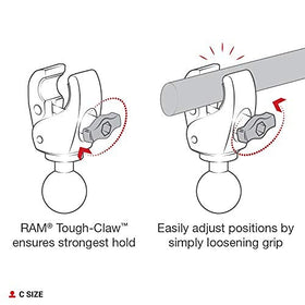 RAM MOUNTS Tough-Claw clamped to square rail showing versatility