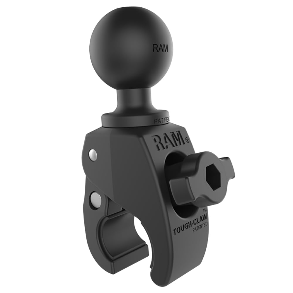RAM MOUNTS front view of small Tough-Claw showing clamp and ball, highlights secure hold