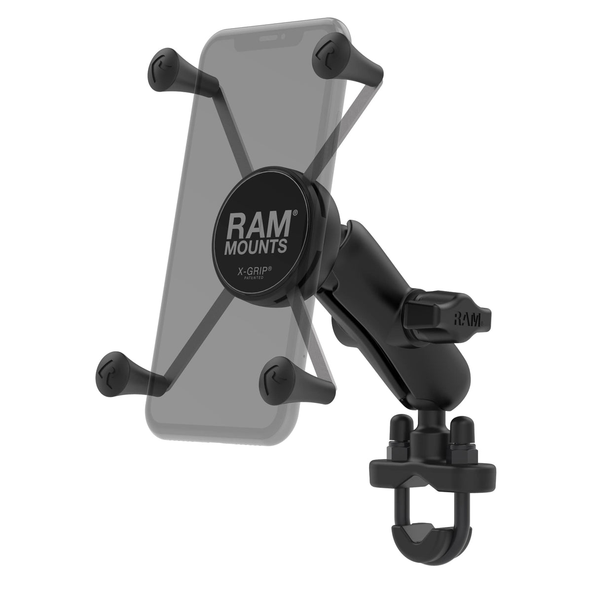 RAM MOUNTS front view showing X-Grip cradle holding a phone securely