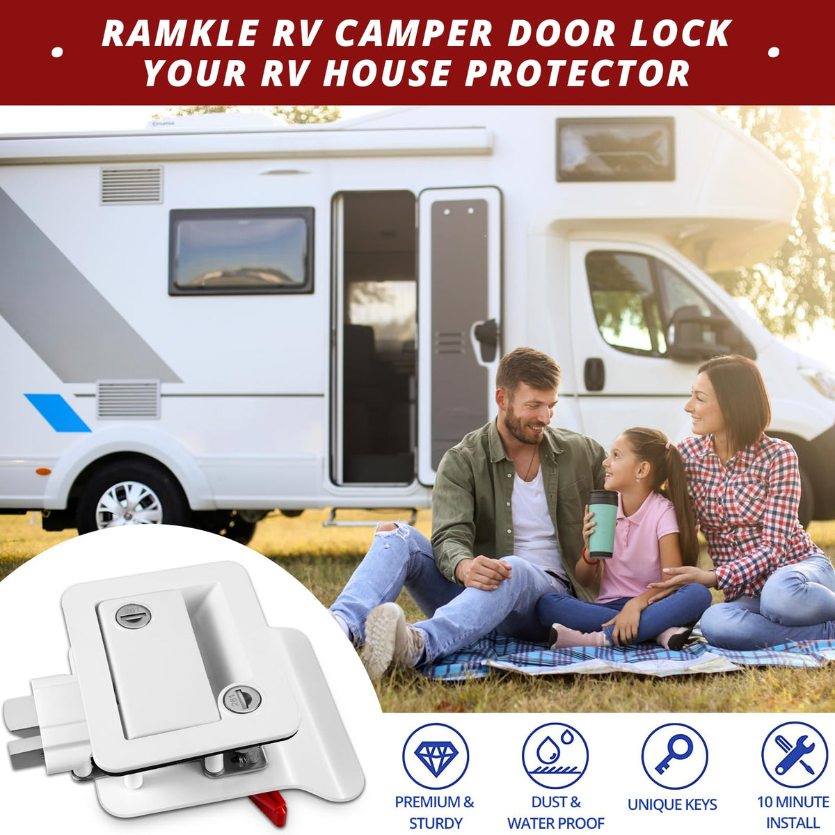 Ramkle lock installed on travel trailer door demonstrating weatherproof protection