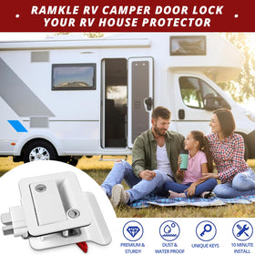 Ramkle lock installed on travel trailer door demonstrating weatherproof protection