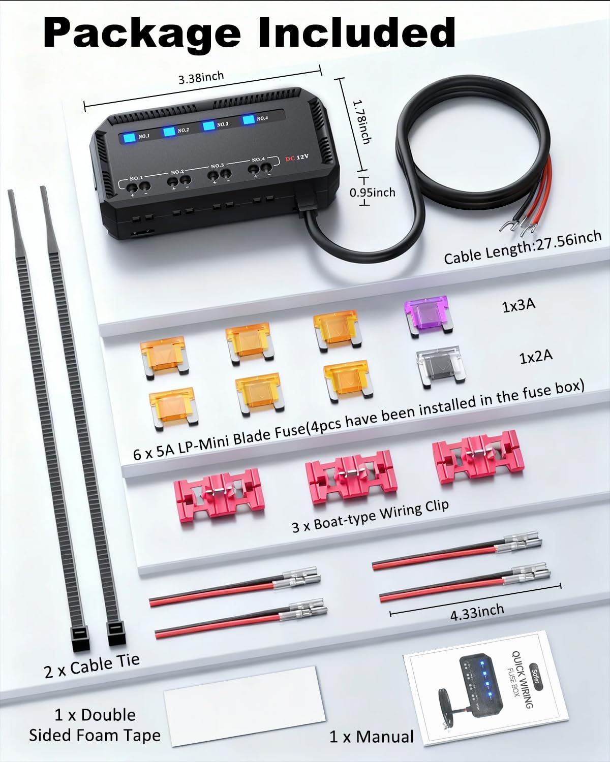 Randpow kit contents laid out showing included fuses and mounting accessories