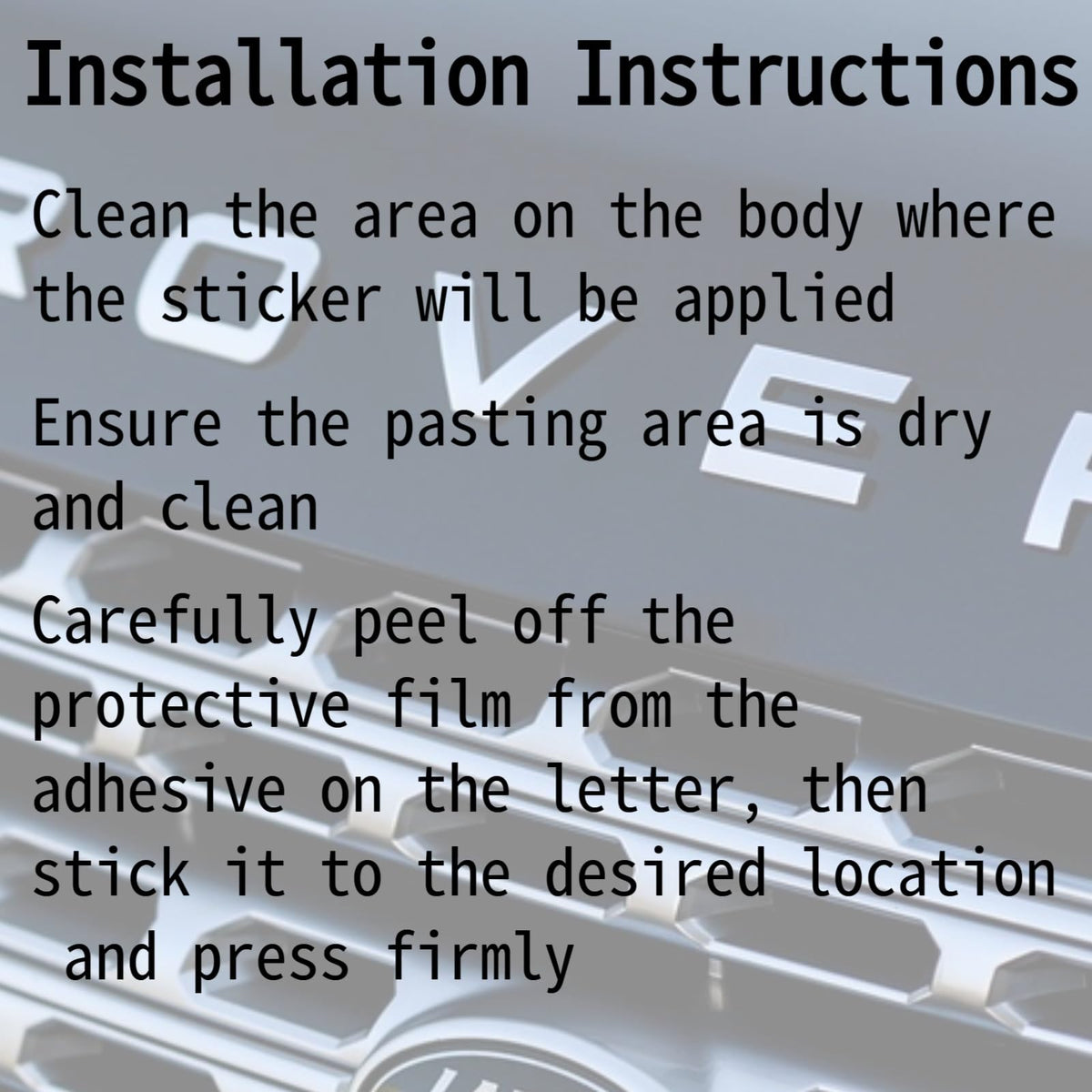 Generic Range Rover emblem packaging with letters and adhesive strips for simple installation benefit