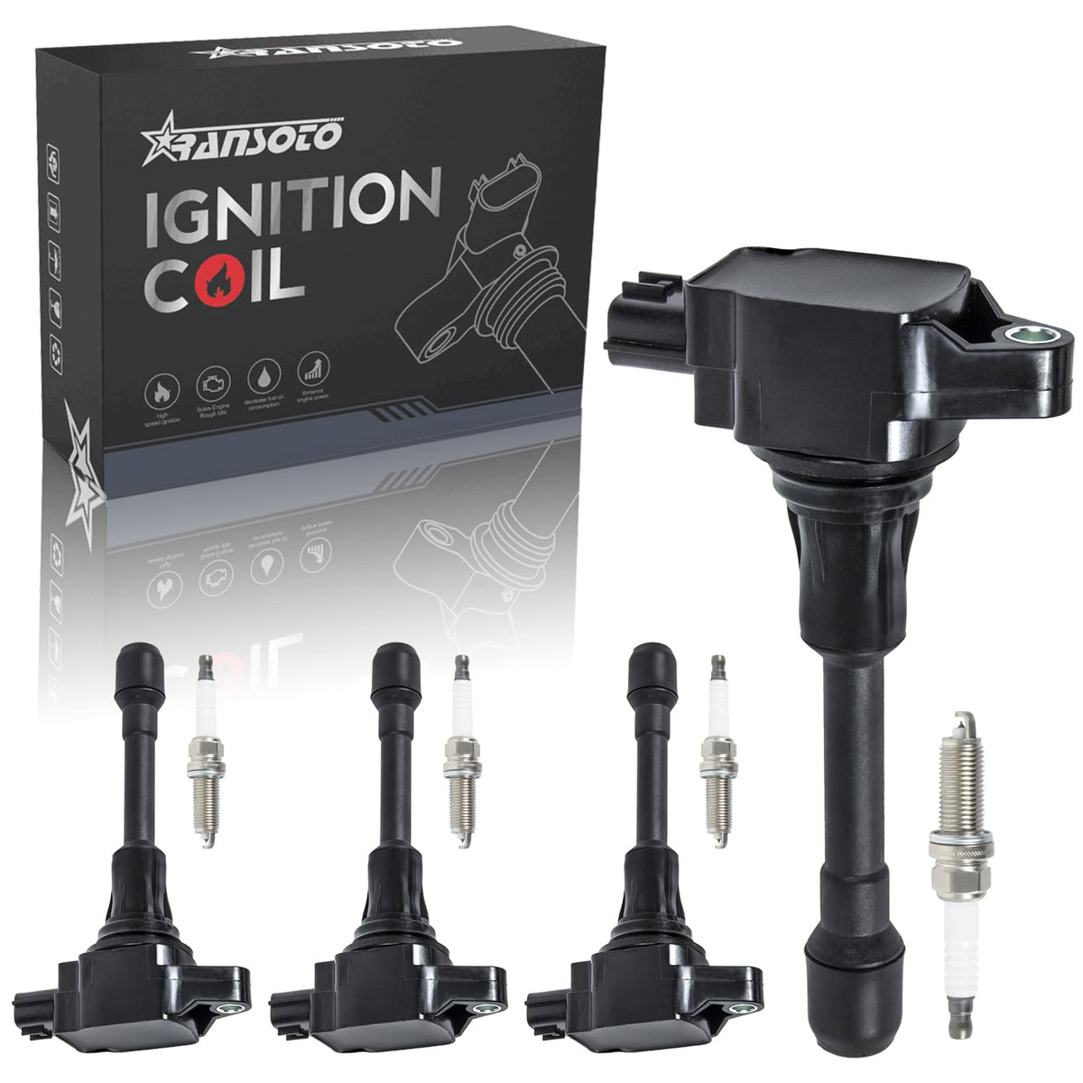 RANSOTO ignition coil front view showing connector and mounting for easy replacement