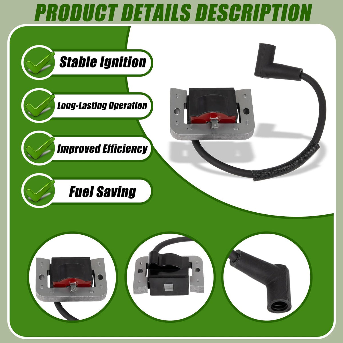 RANSOTO ignition coil label close-up displaying part number and compatibility benefits