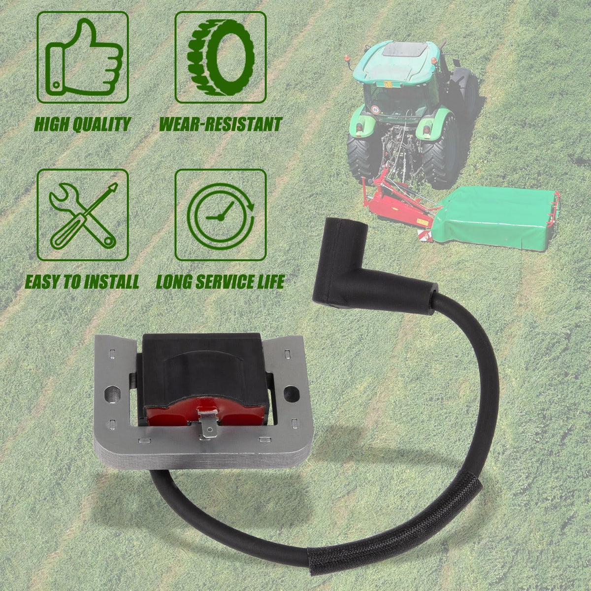 RANSOTO ignition coil pack of two staged with lawn mower tools indicating ready spare replacement